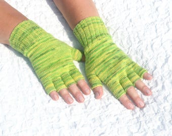 Lime green half finger gloves, hand knitted wool blend gloves, knit arm warmers, handmade open finger gloves, green yellow gloves for women
