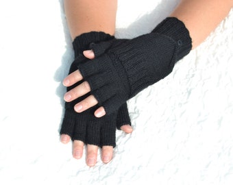 Handmade black convertible mittens, hand knitted half finger gloves convertible to mittens, black woolen flip top mittens, glomitts in M/L