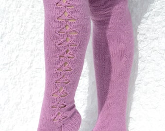 Hand knitted over the knee socks, purple pink long socks, women wool socks, cable knit socks, leg warmers, elegant socks