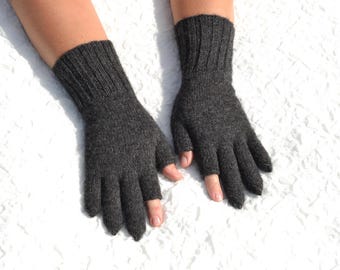 Hand knitted anthracite grey wool and alpaca gloves with half open index, thumb fingers & fully covered other fingers, tipless gloves