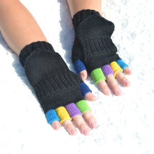 Hand knitted black convertible mittens with colorful half-fingers