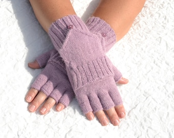 Pastel lavender purple convertible mittens, hand knitted 100% alpaca gloves in small medium size, women half finger gloves with covers