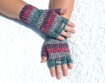 Hand knitted open finger gloves, multicolor half finger gloves with stripes made of wool and acrylic yarn for women, tipless winter gloves