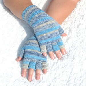 Hand knitted blue and grey half finger gloves, handmade woolen gloves with open fingers, typing gloves for cold hands, fingerless gloves image 1