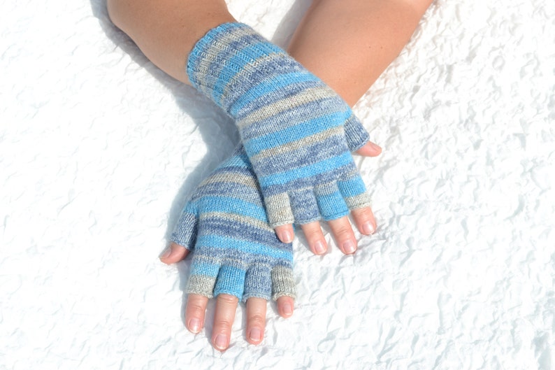 Hand knitted blue and grey half finger gloves, handmade woolen gloves with open fingers, typing gloves for cold hands, fingerless gloves image 1