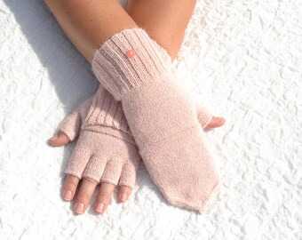 Light pink half finger gloves convertible to mittens hand knitted of pure 100% alpaca in small medium size, women flip top glomitts