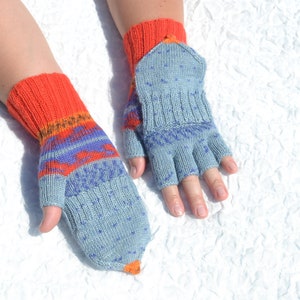 Blue, red and orange convertible mitten gloves