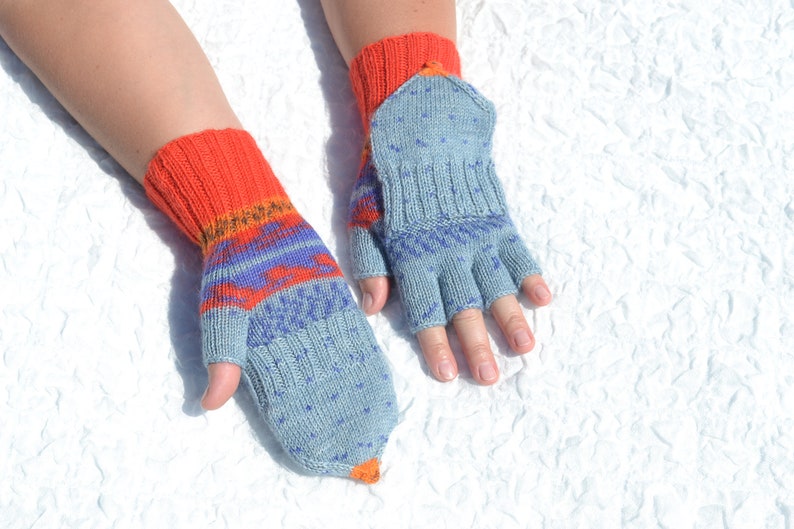 Blue, red and orange convertible mitten gloves