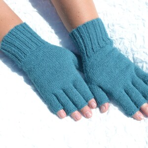 Sea blue hand knitted 100% alpaca wool open finger tipless texting gloves for cold hands in medium size