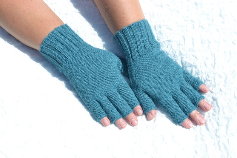 Sea blue hand knitted 100% alpaca wool open finger tipless texting gloves for cold hands in medium size