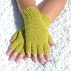 Lime green half finger gloves hand knitted from alpaca, bright open finger gloves for spring/fall/winter, handmade alpaca arm warmers