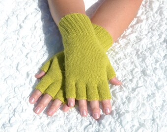 Lime green half finger gloves hand knitted from alpaca, bright open finger gloves for spring/fall/winter, handmade alpaca arm warmers