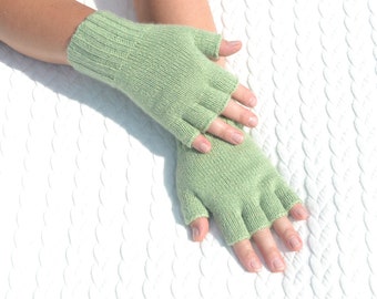 Light green cashmere half finger gloves, hand knitted open finger gloves for cold hands, wrist warmers, finger tipless gloves, typing gloves