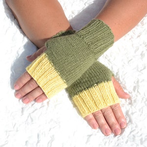 Green and yellow fingerless gloves, hand knitted wool blend gloves, handmade arm warmers, open finger gloves, small gloves, colored gloves