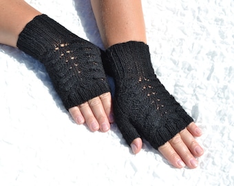 Black fingerless gloves, hand knitted black merino wool gloves, cable knit women's black gloves, open finger gloves, handmade wrist warmers