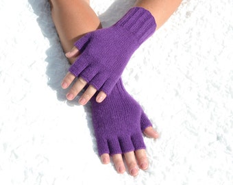 Purple half finger gloves, hand knitted purple gloves, cashmere and wool open finger gloves, purple women's gloves, cashmere arm warmers