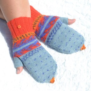 Blue, red and orange convertible mitten gloves