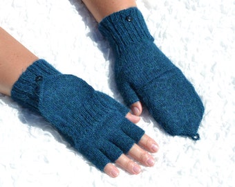 Petrol blue alpaca convertible mittens, hand knitted half finger gloves convertible to mittens, knit flip top mittens, alpaca wool glomitts