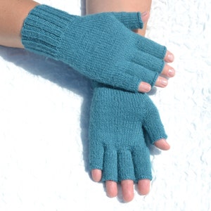 Sea blue hand knitted 100% alpaca wool open finger tipless texting gloves for cold hands in medium size