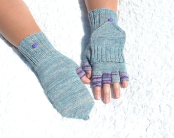 Purple and blue convertible gloves, hand knitted flip top mittens, handmade woolen glomitts,convertible gloves for cold hands in medium size