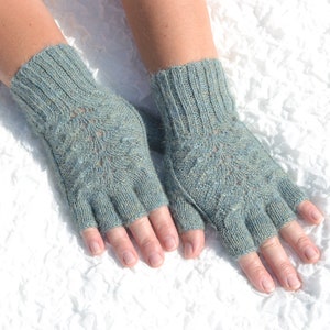 Alpaca wool half finger gloves, hand knitted women's gloves, handmade alpaca gloves, cable knit half finger gloves, aqua grey gloves image 1