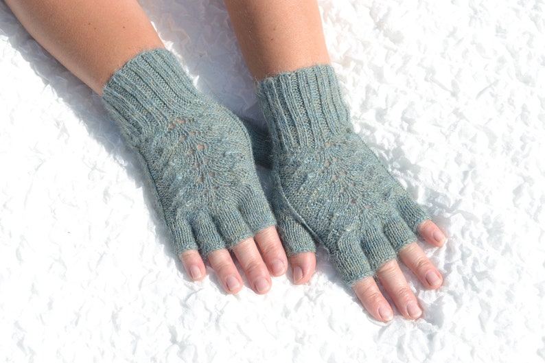 Alpaca wool half finger gloves, hand knitted women's gloves, handmade alpaca gloves, cable knit half finger gloves, aqua grey gloves image 1