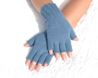 Jeans  blue 100% alpaca gloves with open fingers, hand knitted half finger gloves for autumn/winter season, handmade alpaca wool gloves