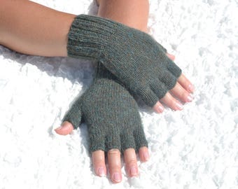 Dark green alpaca half finger gloves, hand knitted alpaca gloves, alpaca arm warmers, handmade open finger gloves, alpaca gloves for women's
