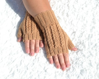 Gants sans doigts tricotés en câble brun, gants en laine et acrylique tricotés à la main, gants à doigts ouverts d’automne ou d’hiver pour femmes, chauffe-poignets tricotés