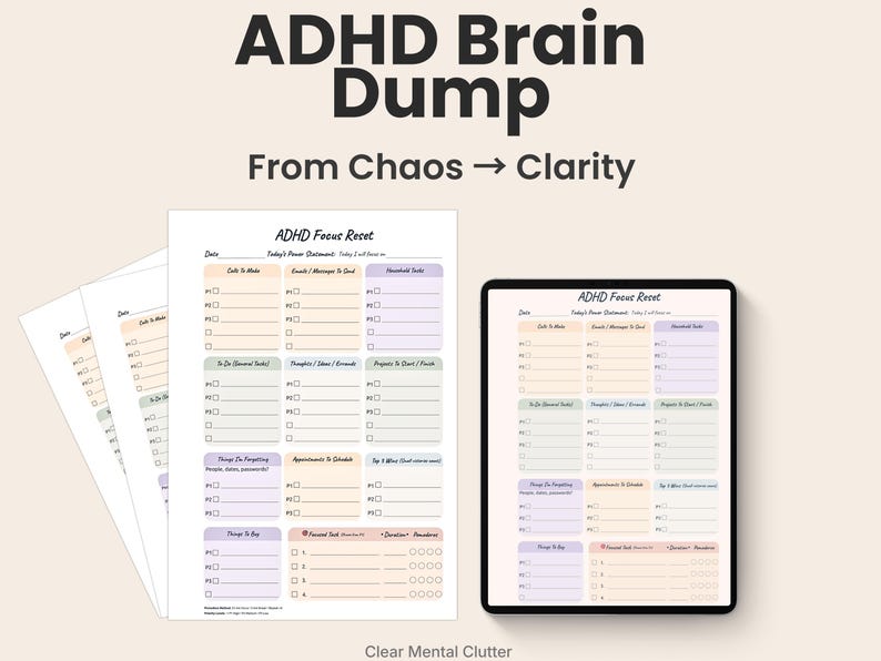 ADHD Brain Dump Planner Printable, Daily Focus Reset Worksheet, ADHD ...