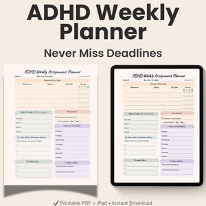 ADHD Student Assignment Planner, Weekly Homework & Deadline Tracker, Executive Function Study Organizer, Printable PDF iPad Study Planner