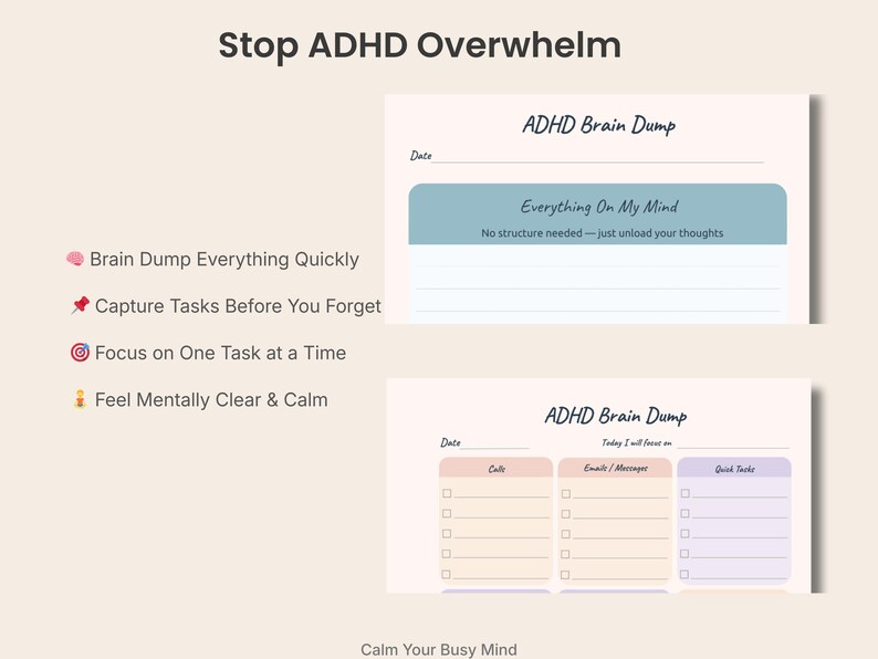 ADHD Brain Dump Planner Printable, Focus Reset Worksheet PDF, Minimal ...
