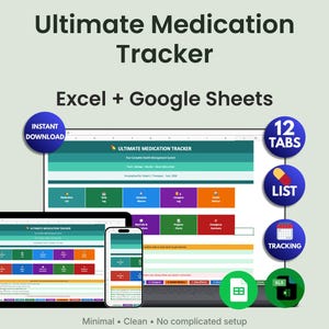 Hoja de cálculo de seguimiento de medicamentos, registro de medicamentos en Hojas de cálculo de Google de Excel, programa de dosis diaria y seguimiento de síntomas, planificador de medicamentos para cuidadores y FIV.