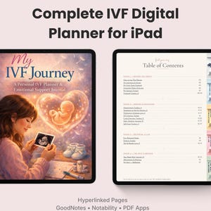 Könnte beinhalten: Zwei digitale Tablets, die einen digitalen Planer für IVF anzeigen. Das linke Tablet zeigt eine Frau, die sich ein Ultraschallbild ansieht, mit dem Text "My IVF Journey". Das rechte Tablet zeigt ein Inhaltsverzeichnis. Der Text "Complete IVF Digital Planner for iPad" steht oben.