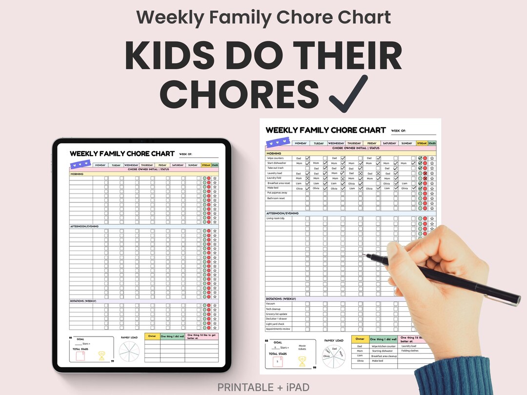 Family Chore Chart Printable, Kids Weekly Responsibility Tracker ...