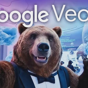 Può includere: Un orso bruno con smoking e papillon, con la scritta bianca "Google Veo 3". L'orso è in un ambiente futuristico con forme blu a forma di nuvola e persone con visori VR.