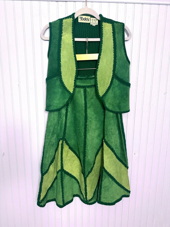 1970's Green Suede Patchwork Skirt and Vest Set