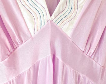 80's Pink Nylon Maxi Slip dress Multicolor Embroidery