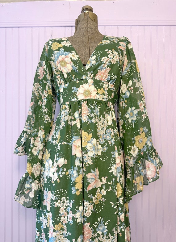 Vintage 1970's Maxi Floral Cotton Dress Bell Slee… - image 2