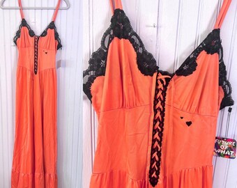1960’s Sears Maxi Slip in bright coral, black embroidered hearts.