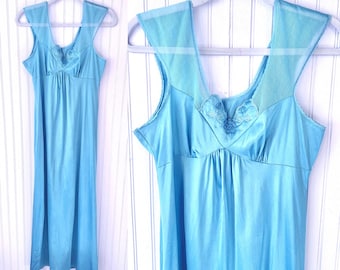 70's/80's Blue Maxi Slip Embroidery Lace
