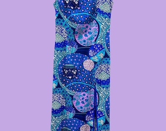 1960's Hawaiian Maxi Dress Royal Surf Blue Psychedelic