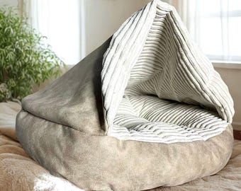 Hooden Round Pet Beds: Neutral & Classic Colours, Soft Furry Cat Bed, Calming Dog Bed, Furry Cat Beds, Cosy Hood Dog Bed, Comfort Pet Bed