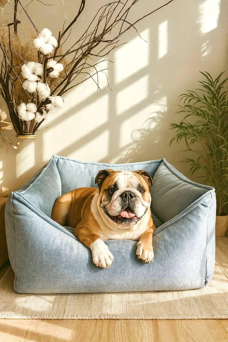 May include: A brown and white bulldog rests comfortably in a light blue dog bed. The dog bed is square-shaped with raised sides. The dog is smiling with its tongue out. The background includes a plant and decorative branches.
