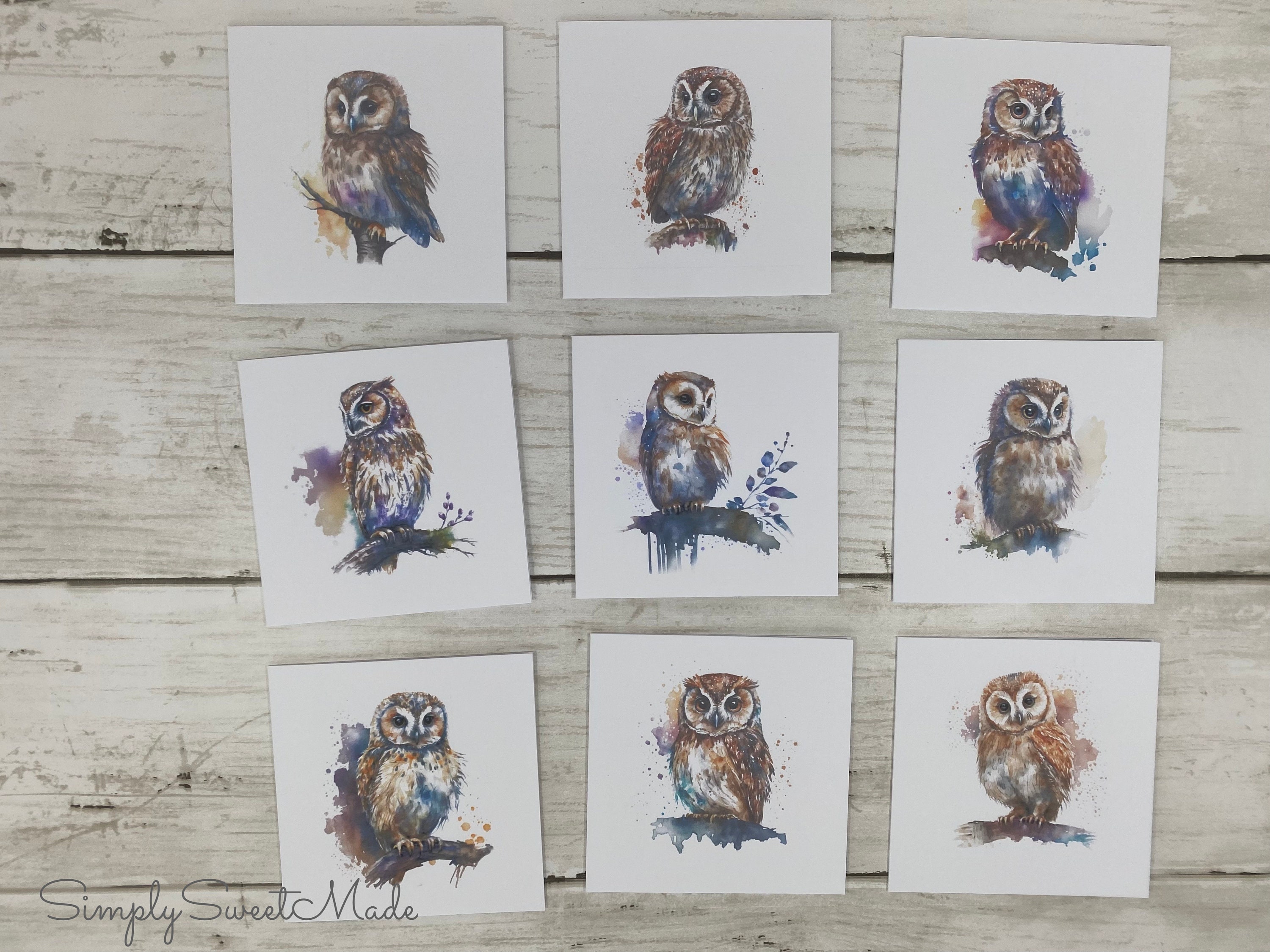 Owl Mini Notecards: Watercolor Art, Handmade Blank Cards (3x3 in)