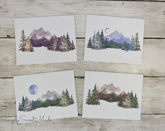 Mountain Landscape Notecards Set of 8, Watercolor Nature Greeting Cards, Blank Scenic Forest Cards