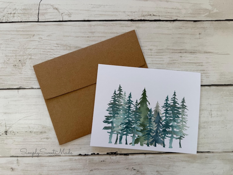 Watercolor Pine Tree Notecards: Forest Landscape Blank Cards Set With 8 ...