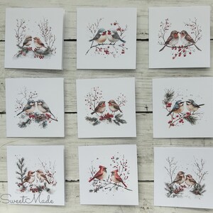 May include: A set of nine square greeting cards featuring watercolor illustrations of pairs of birds perched on branches with red berries and pine needles. Each card displays a unique bird scene on a white background with the text Simply Sweet Made.