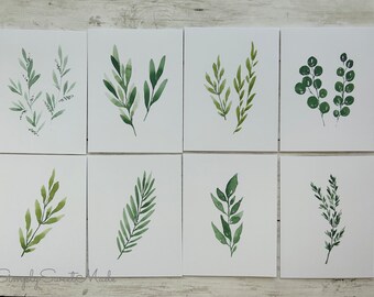 Watercolor Greenery Cards: Botanical Blank Notecards, Handmade Set of 8