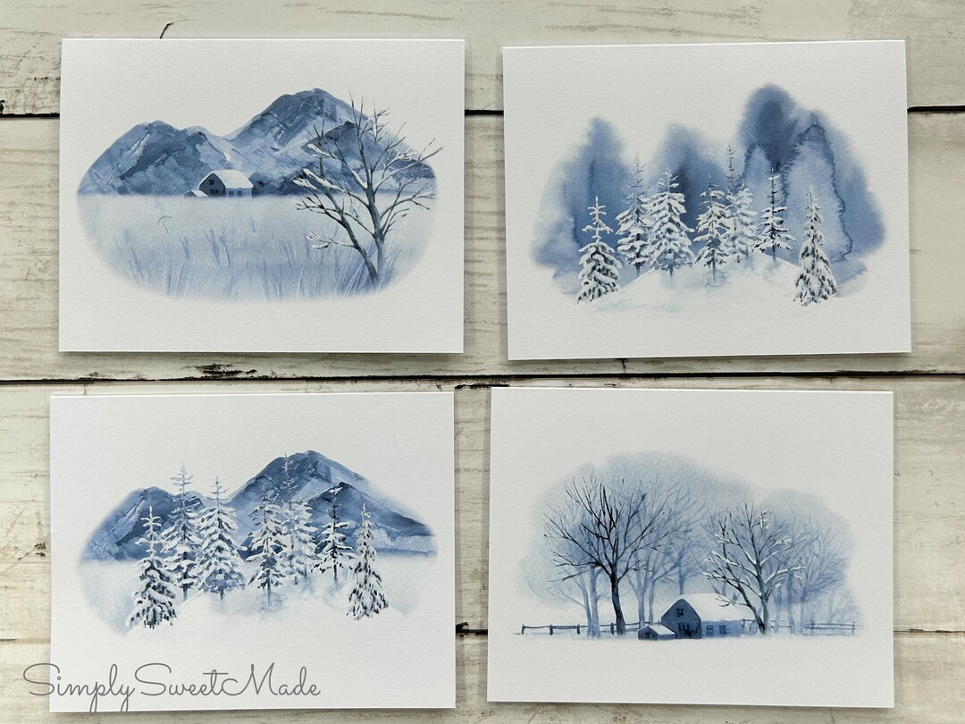 Watercolor Winter Landscape Cards - Set of 8 Blank Notecards - Etsy
